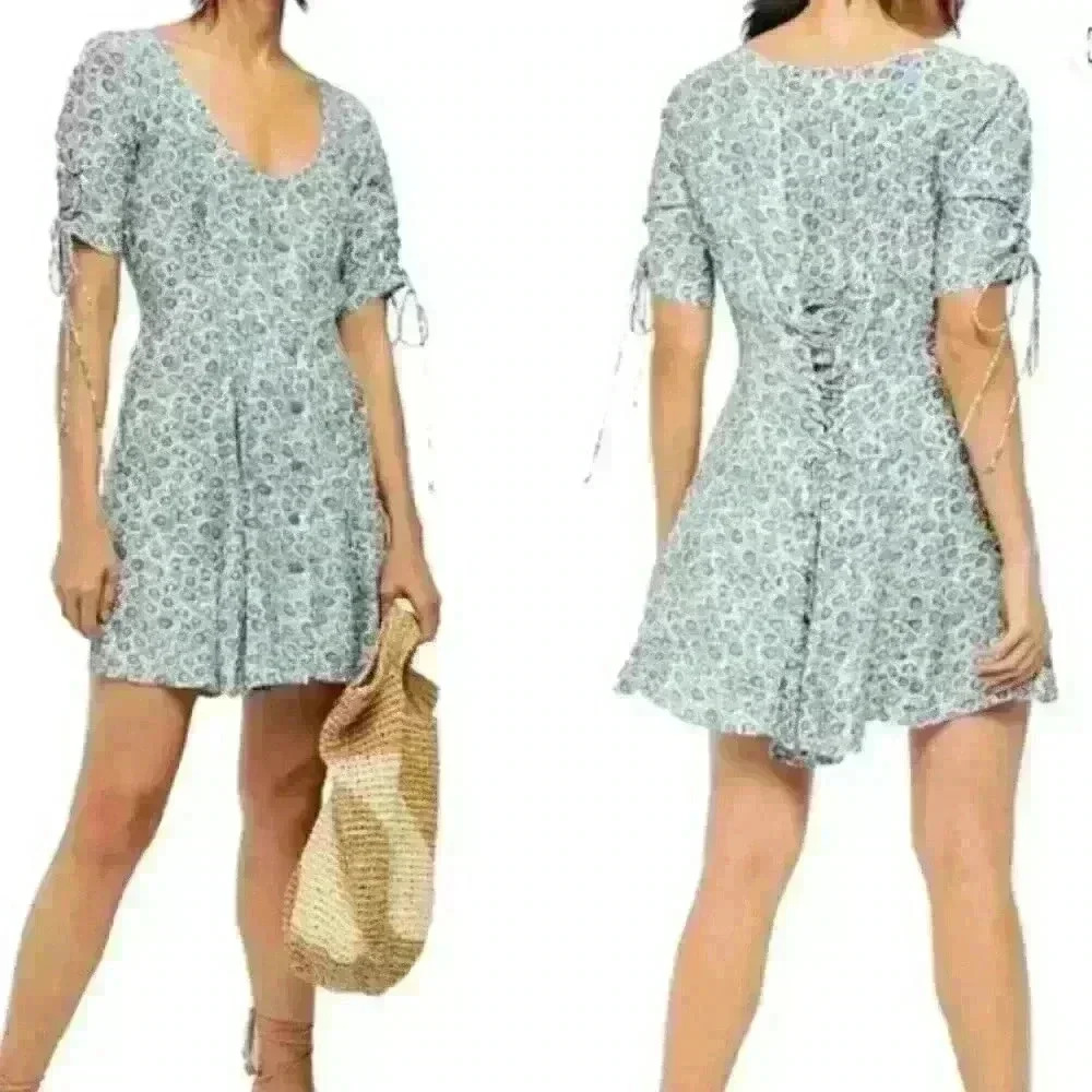 Free People Blue Floral Corset Back Mini Dress Ruched Sleeve‎ XS OB882915